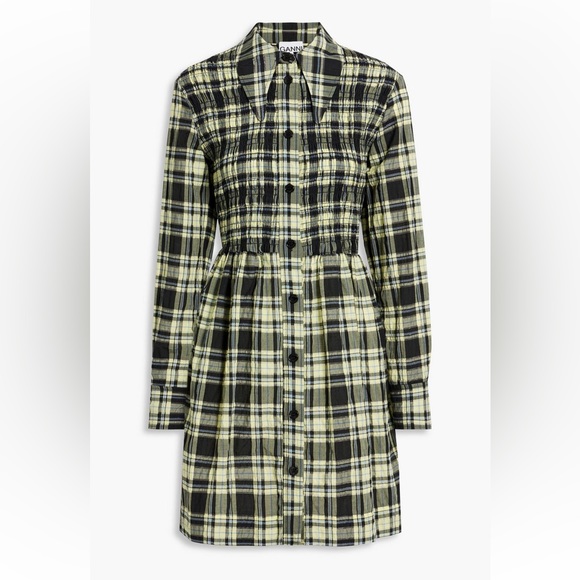 GANNI Seersucker Check Smocked Shirt Dress Size 34 (US2) - Picture 1 of 8